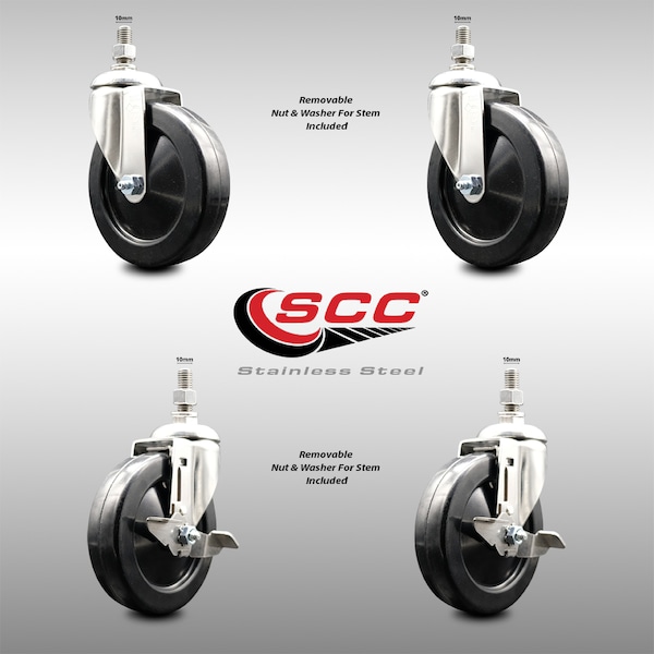 Service Caster 5 Inch 316SS Hard Rubber Wheel Swivel 10mm Threaded Stem Caster Brakes, 2PK SCC-SS316TS20S514-HRS-M1015-2-TLB-2 - main